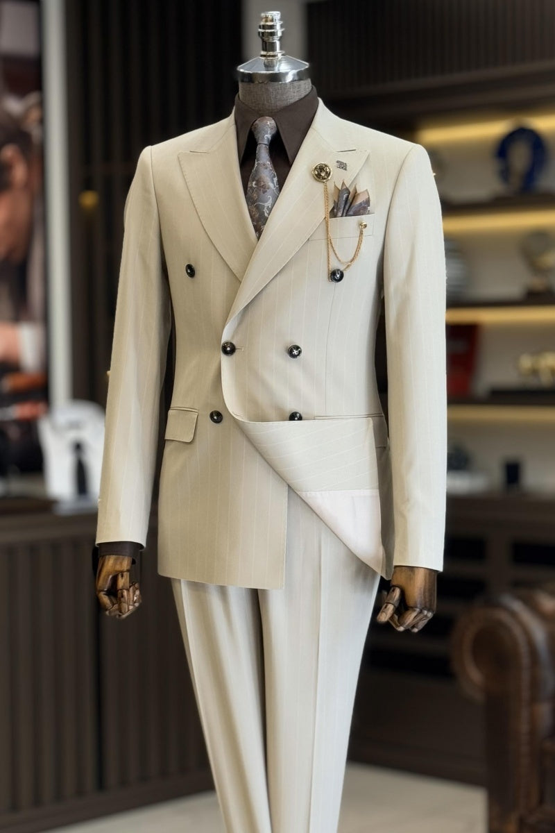 Stylish Off-white Double Breasted Striped Business Suits