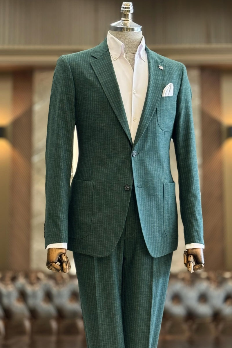 Modern Dark Green Notch Lapel Pinstriped Business Suits For Men