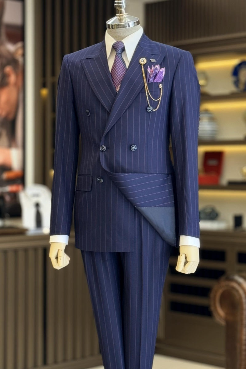 Bespoke Navy Blue Double Breasted Striped Business Suits