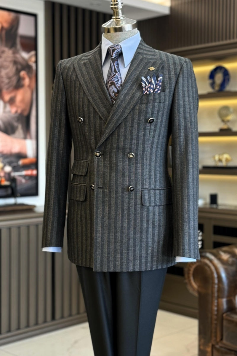 Formal Dark Gray Double Breasted Striped Business Suits