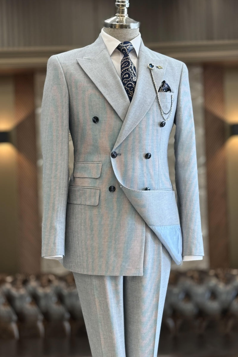 Trendy Light Gray Double Breasted Business Suits