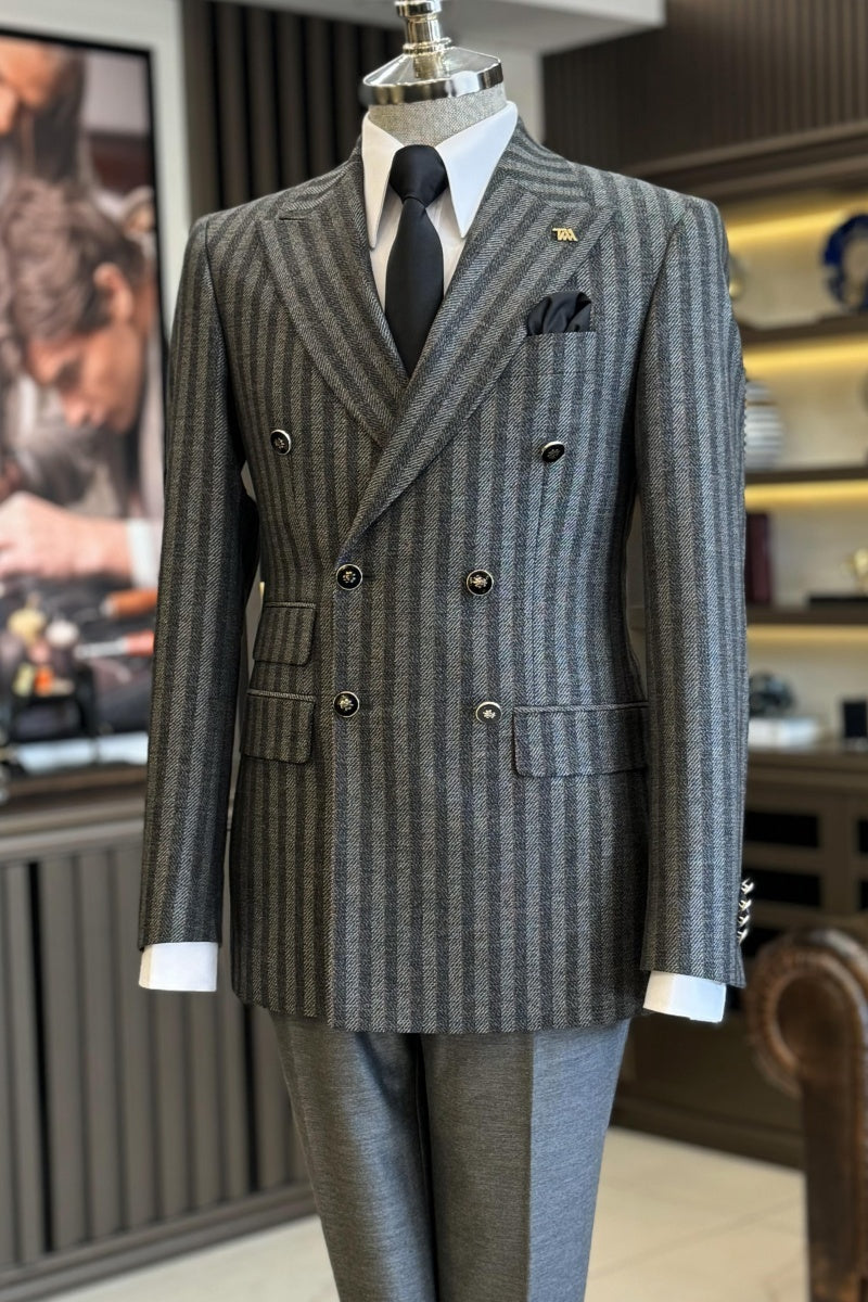 Formal Dark Gray Double Breasted Striped Business Suits For Men
