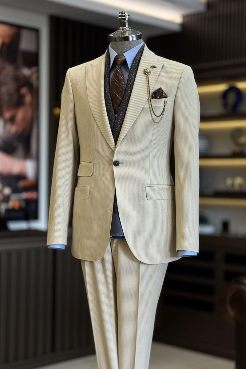 Modern Beige Pinstriped Peaked Lapel Slim Fit Business Suits