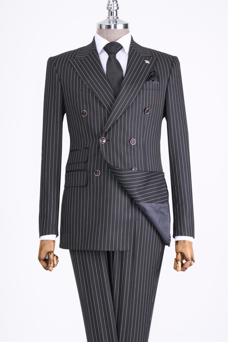 Trendy Dark Gray Pinstriped Double Breasted Business Suits