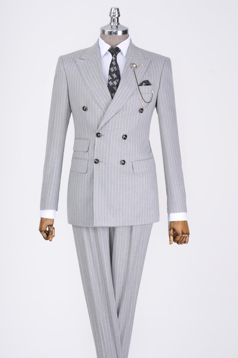 Bespoke Light Gray Striped Double Breasted Business Men Suits