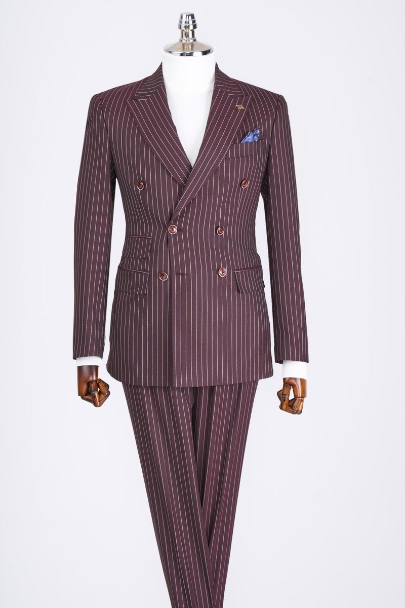 Modern Burgundy Striped Double Breasted Business Men Suits