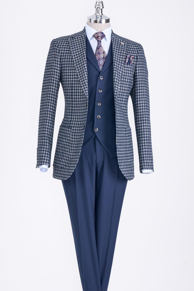 Fancy Navy Blue 3 Pieces Houndstooth Notch Lapel Business Suits