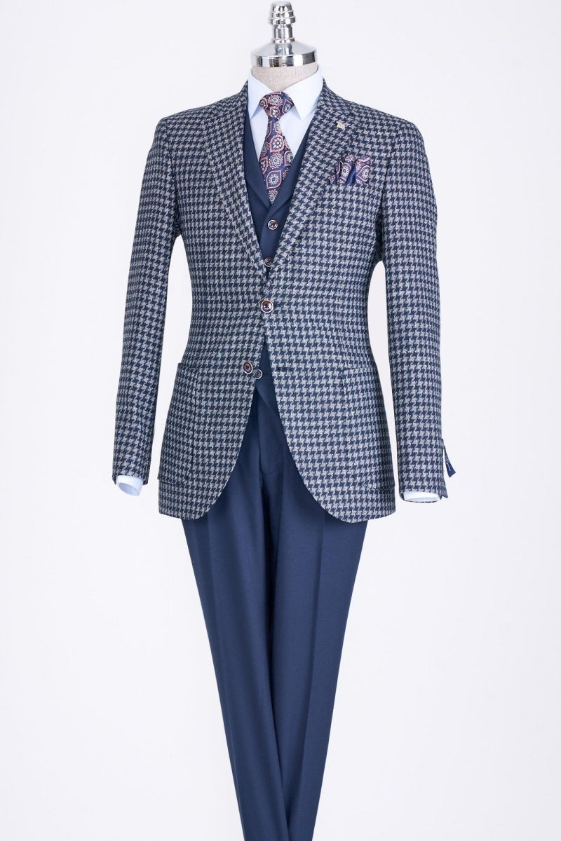 Fancy Navy Blue 3 Pieces Houndstooth Notch Lapel Business Suits