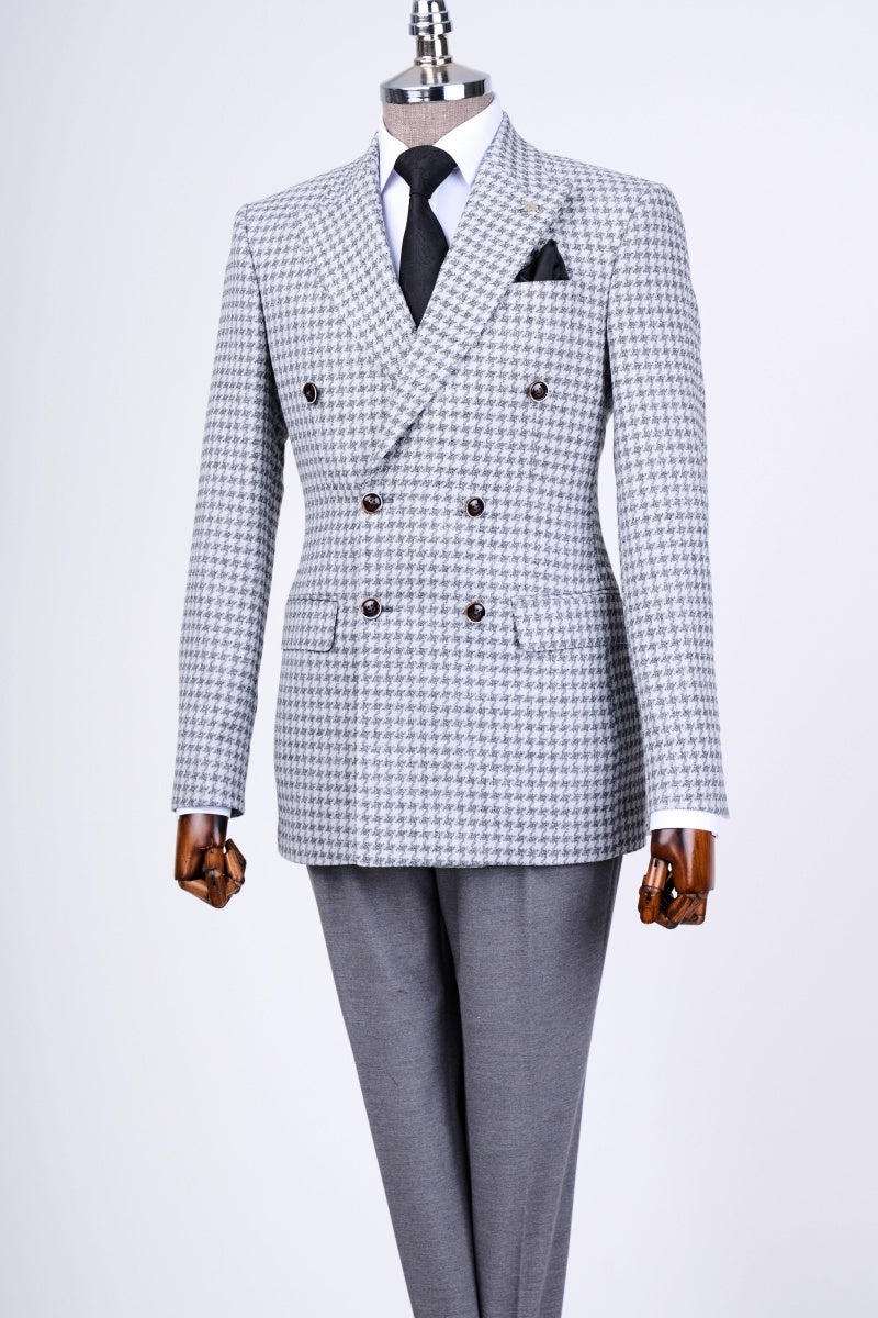 Newest Light Gray Double Breasted Notch Lapel Houndstooth Business Suits