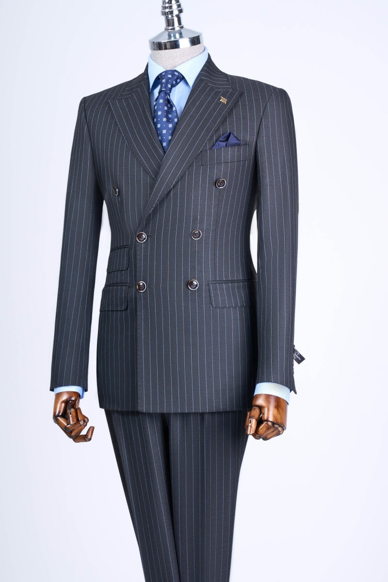 Close Fitting Dark Gray Double Breasted Striped Business Suits
