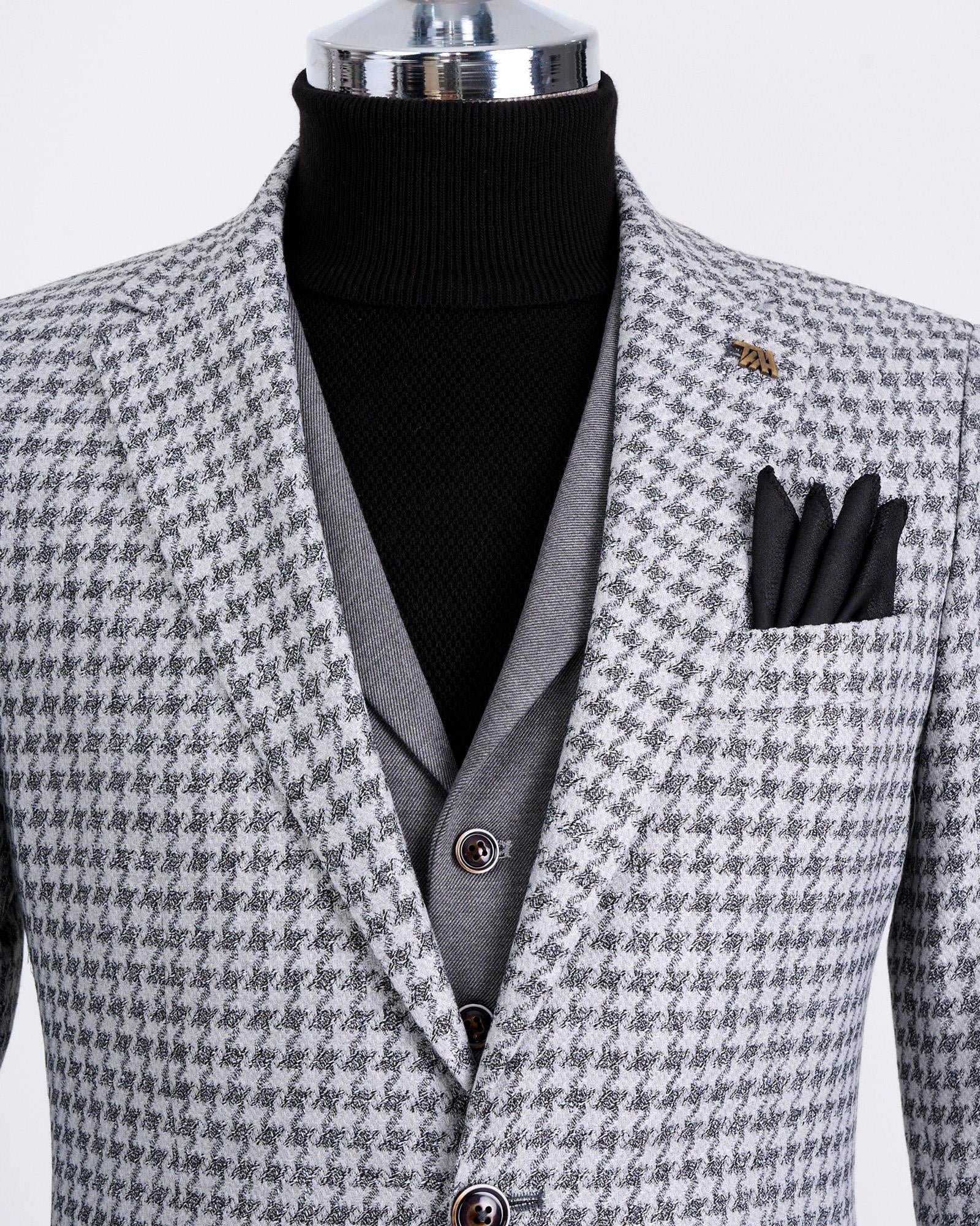 Fashion Light Gray 3 Pieces Houndstooth Business Suits With Gray Vest