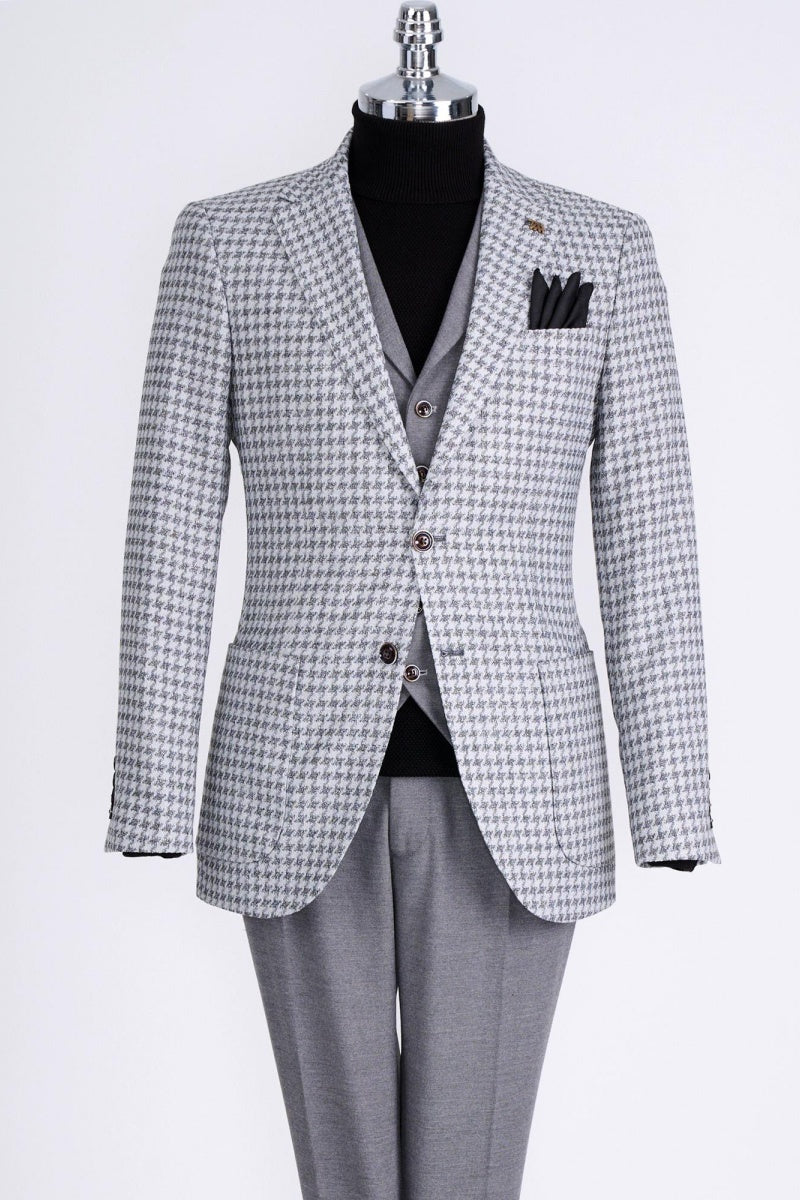 Fashion Light Gray 3 Pieces Houndstooth Business Suits With Gray Vest