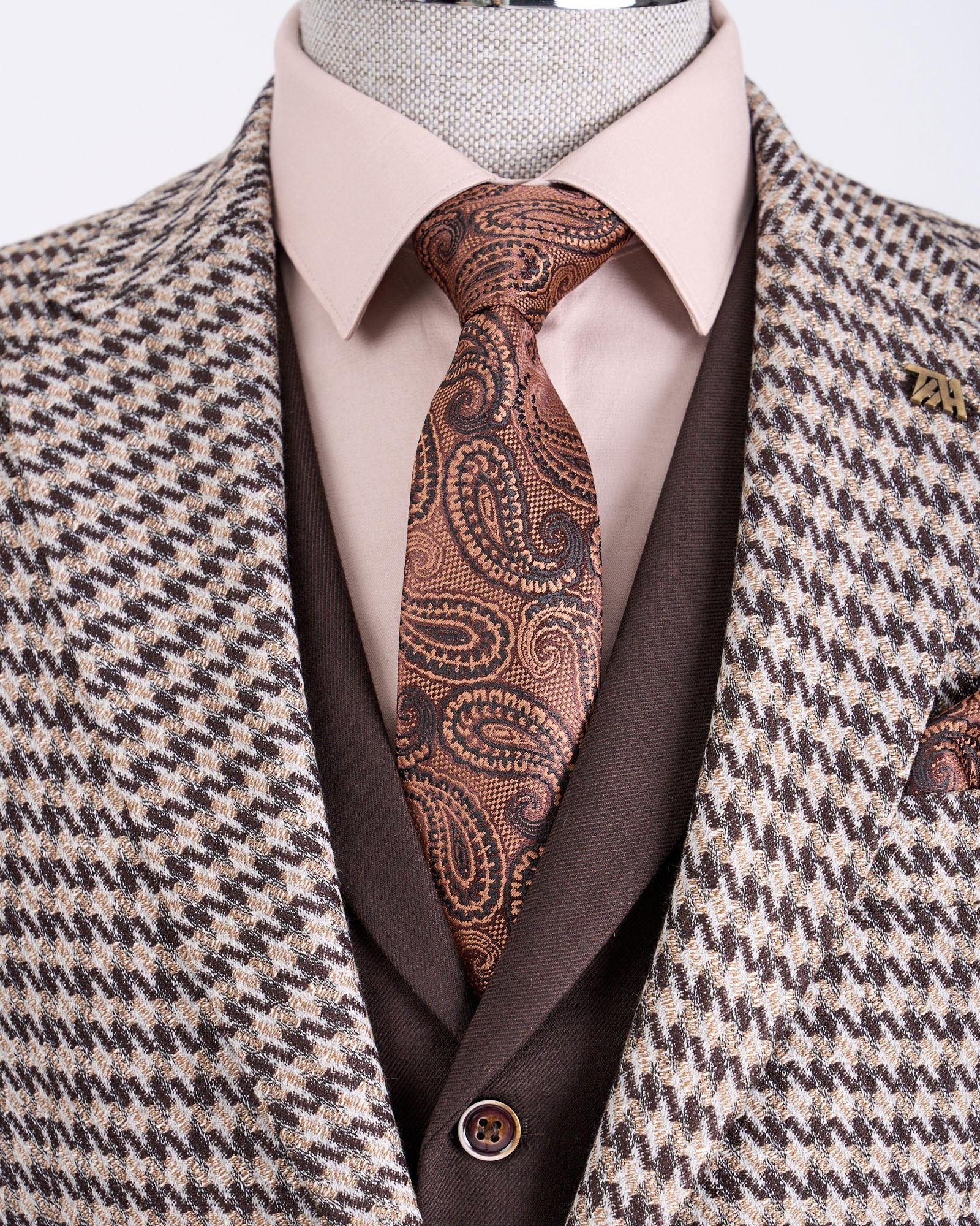 Chic Brown Notch Lapel 3 Pieces Houndstooth Business Suits