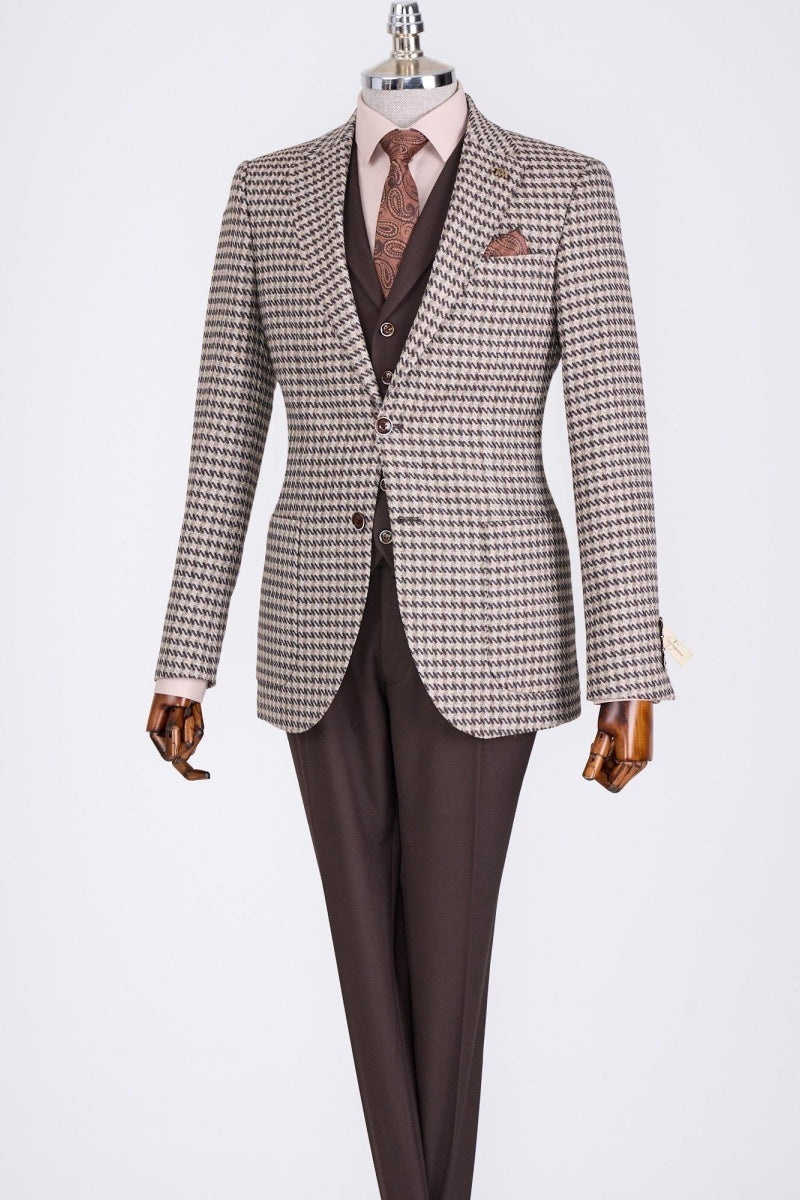 Chic Brown Notch Lapel 3 Pieces Houndstooth Business Suits