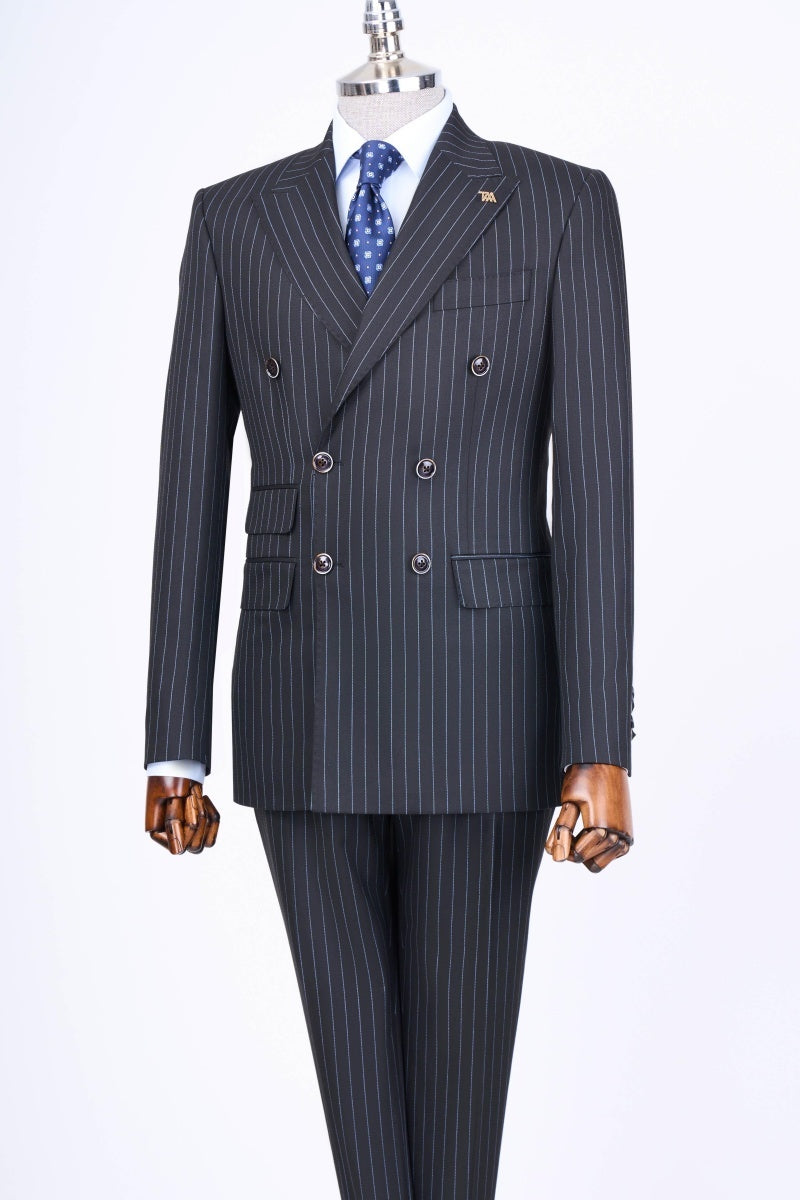 Slim Fit Dark Navy Double Breasted Pinstriped Business Suits