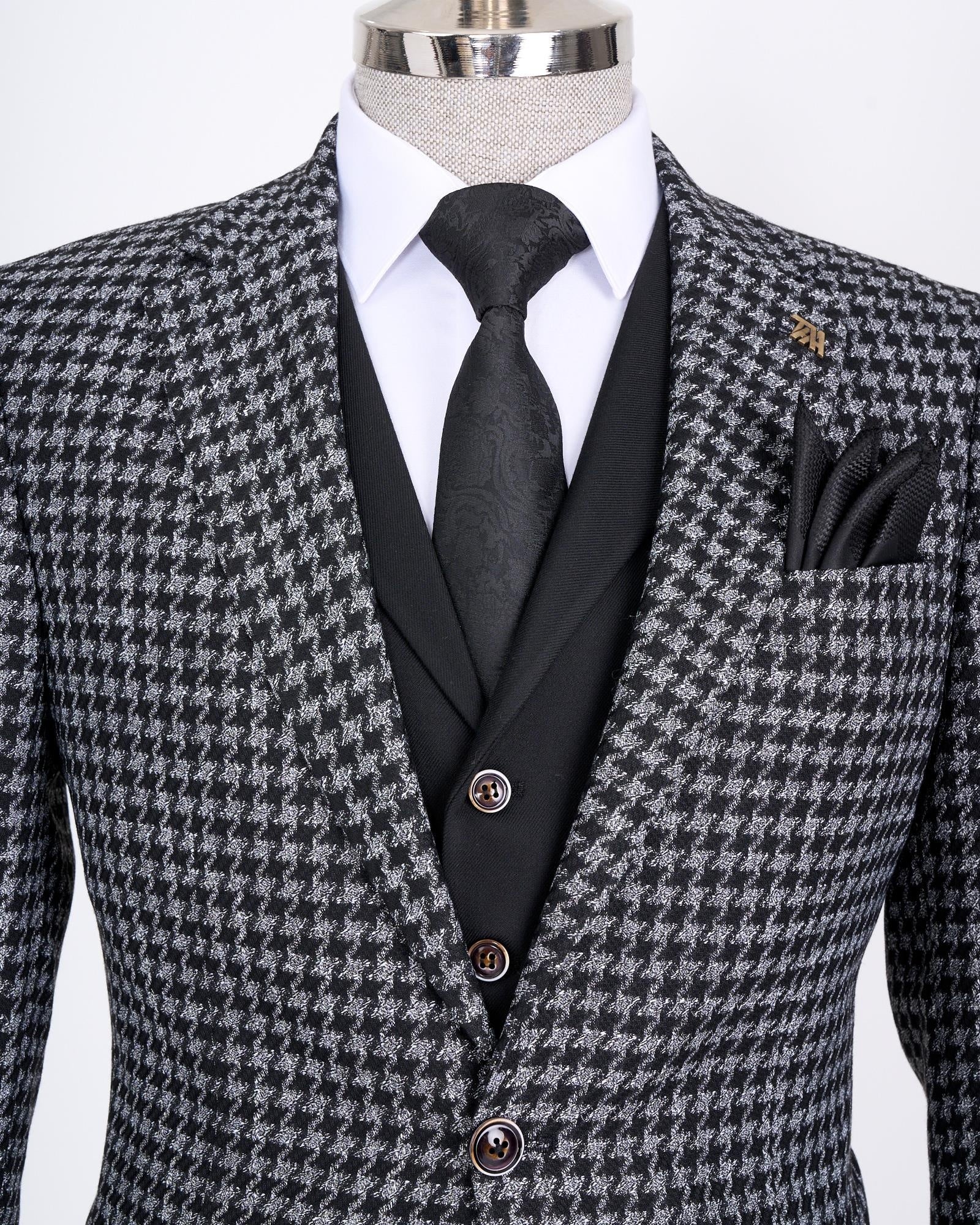 Stylish Black 3 Pieces Notch Lapel Houndstooth Business Suits