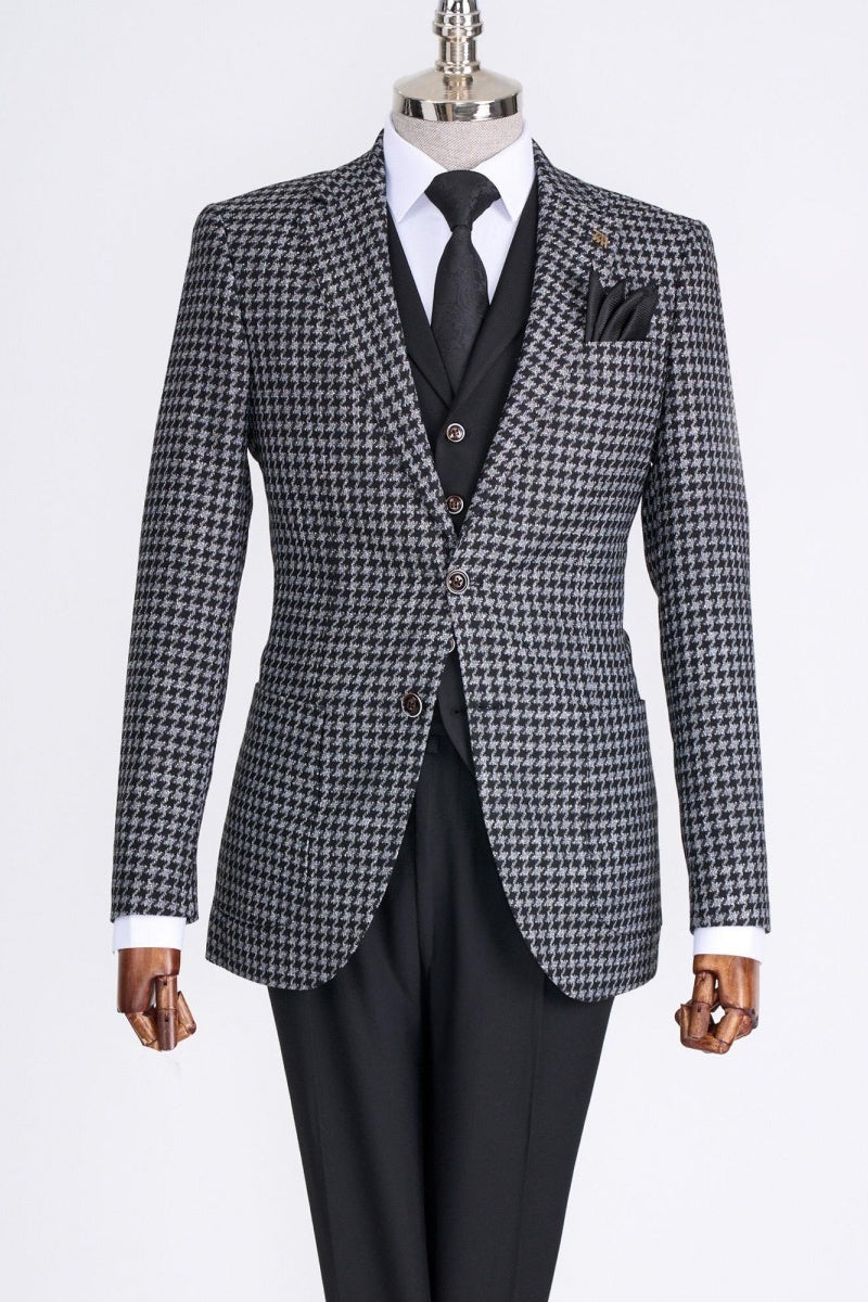 Stylish Black 3 Pieces Notch Lapel Houndstooth Business Suits