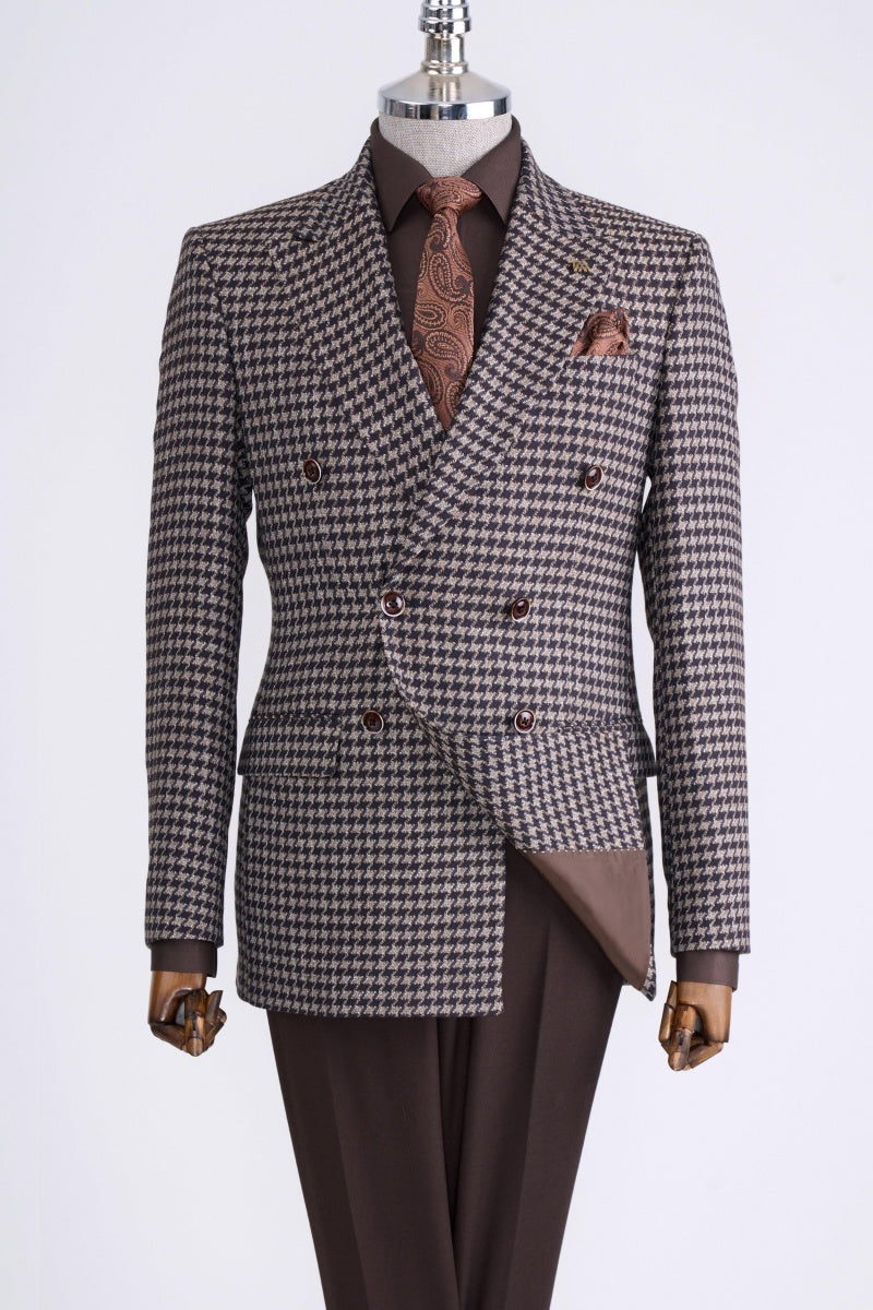 Fashion Brown Double Breasted Houndstooth Business Suits