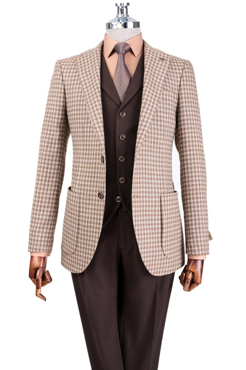 Trendy Light Brown 3 Pieces Houndstooth Business Suits With Waistcoat