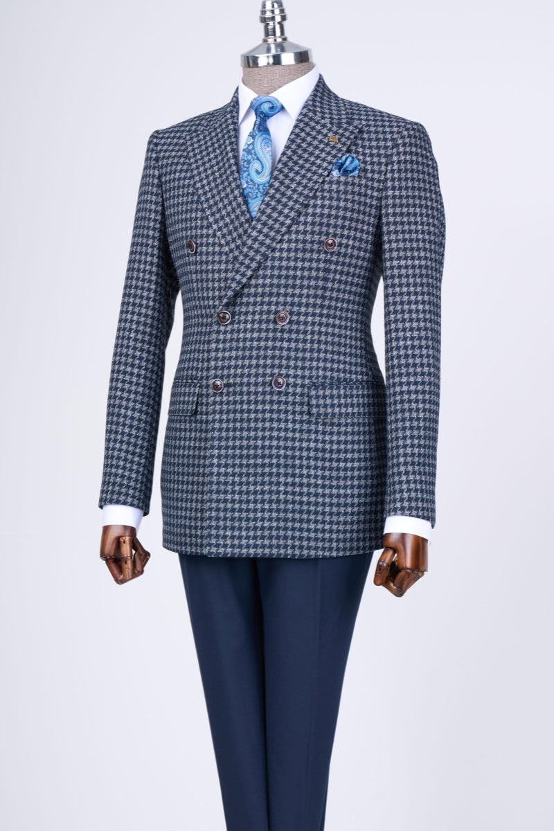 Slim Fit Navy Blue Double Breasted Houndstooth Business Suits