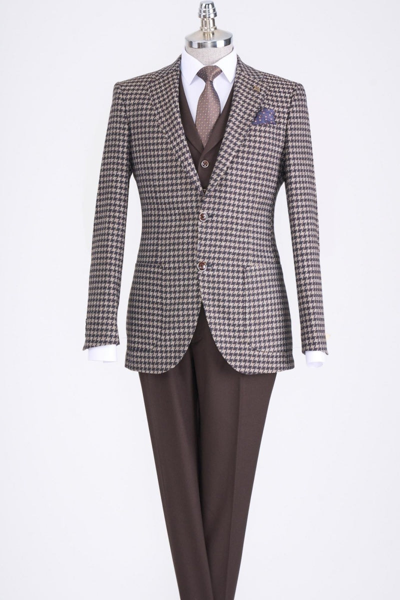 Close Fitting Chocolate Houndstooth 3 Pieces Business Suits