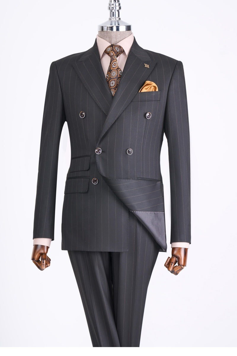 Formal Dark Gray Striped Double Breasted Business Men Suits