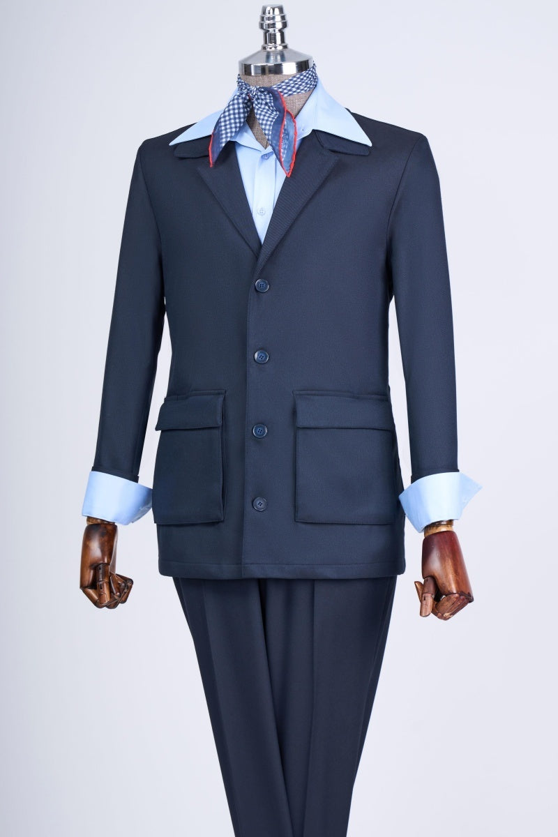 Big And Tall Dark Navy Notch Lapel Prom Suits With two Pockets