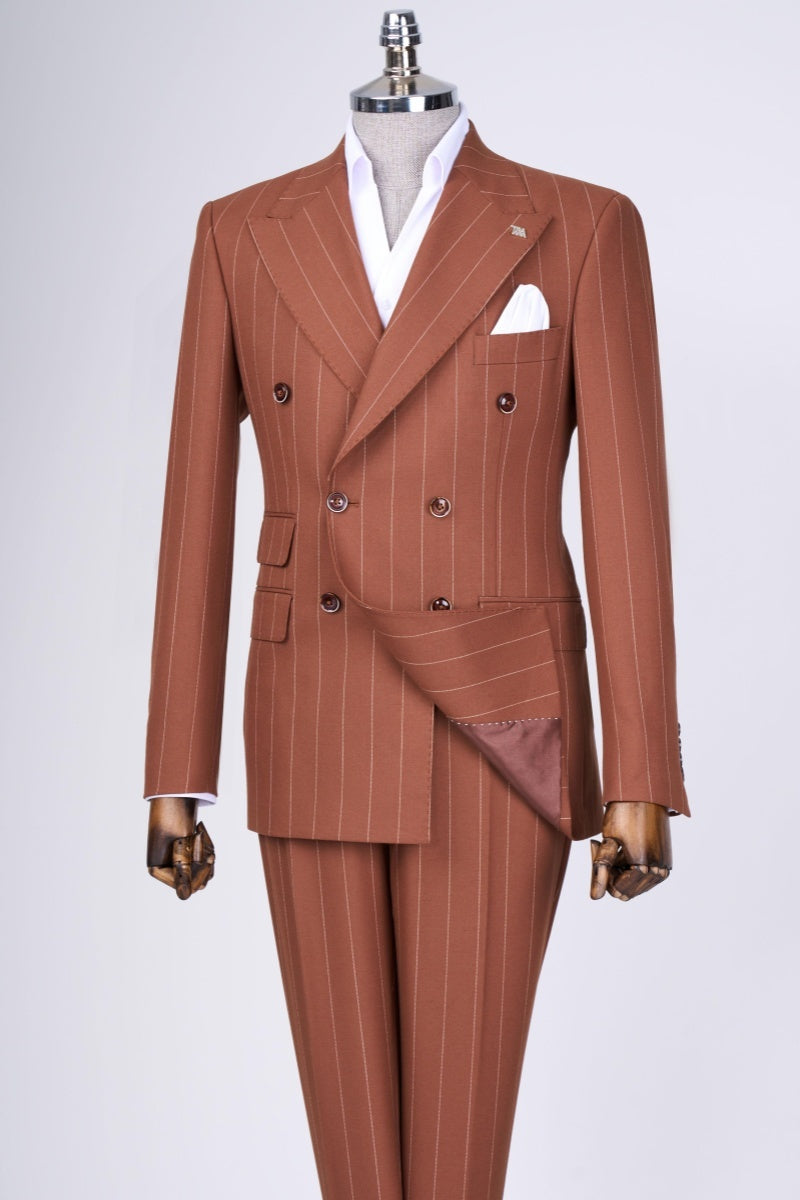 Modern Brownish-red Double Breasted Striped Business Suits