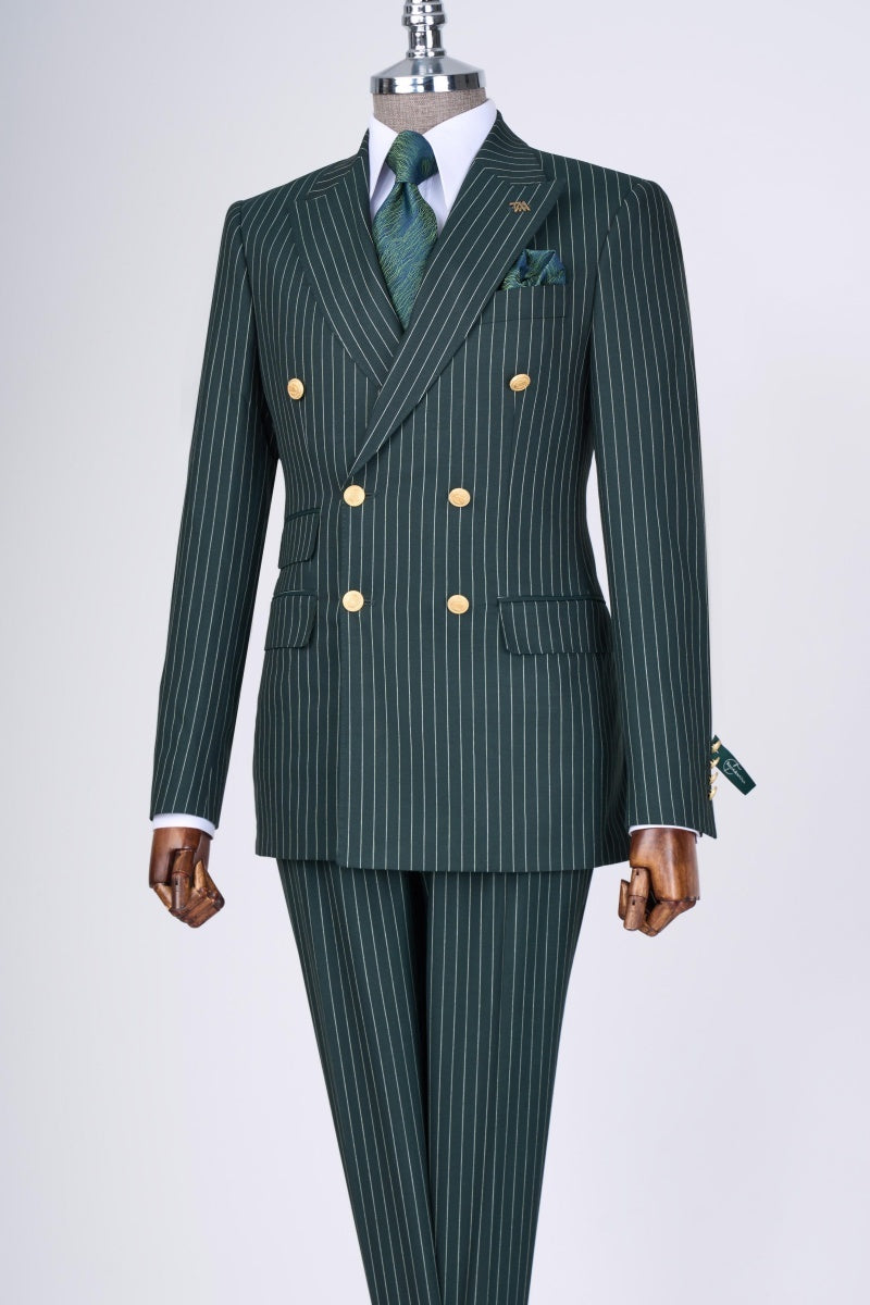 Formal Dark Green Pinstriped Double Breasted Business Suits