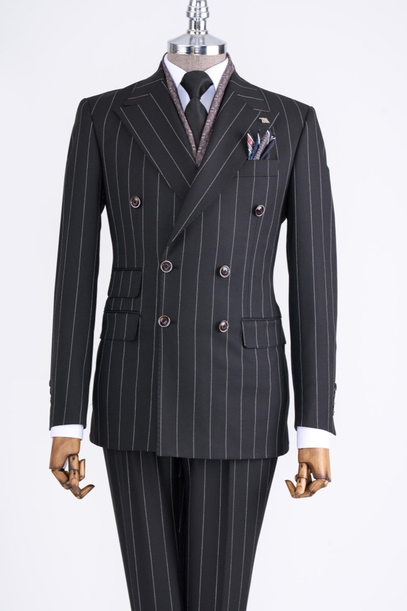 Chic Dark Gray Striped Double Breasted Business Suits For Men