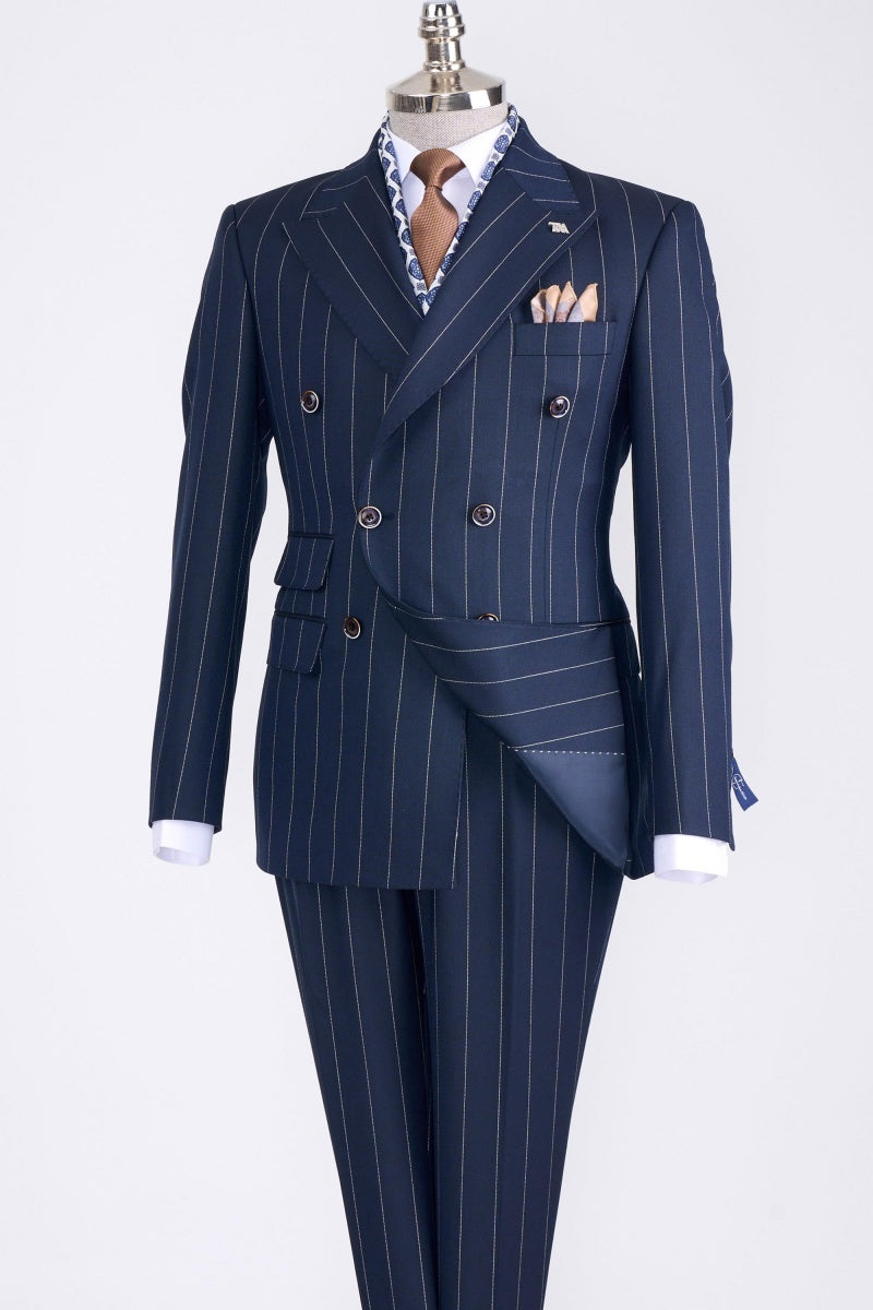 Bespoke Navy Blue Striped Double Breasted Business Suits