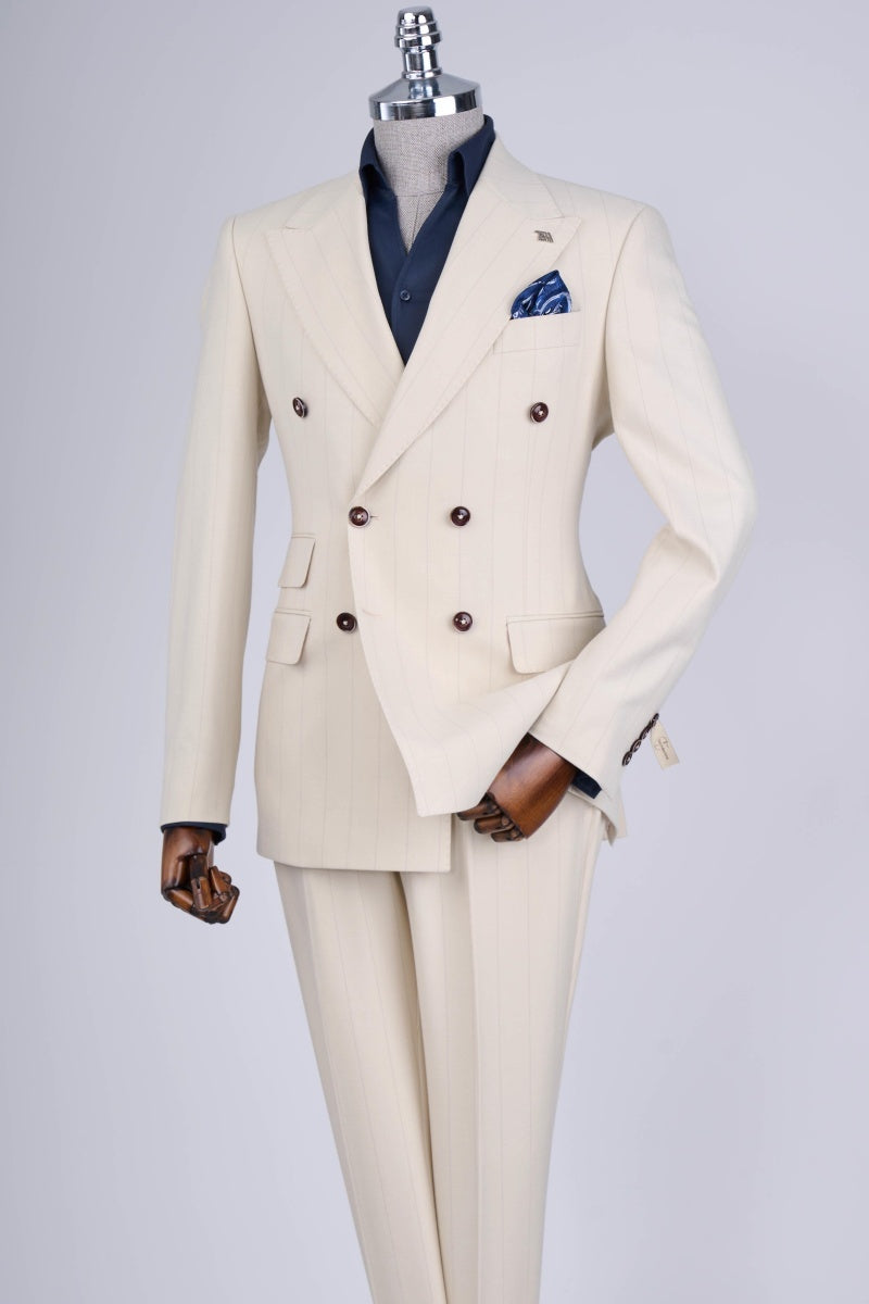 Close Fitting Off-white Double Breasted Striped Business Suits