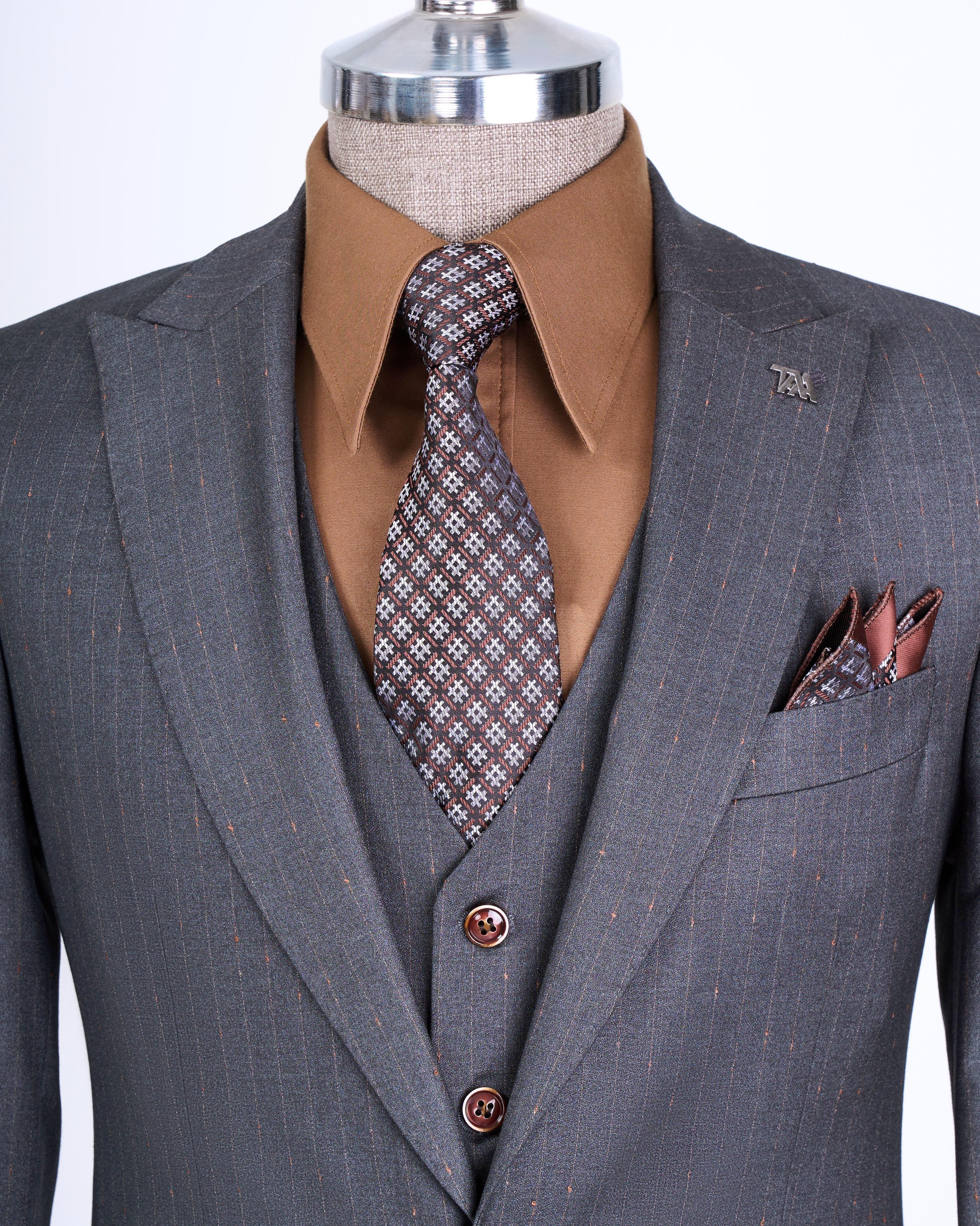 Close Fitting Dark Gray Pinstriped 3 Pieces Business Suits
