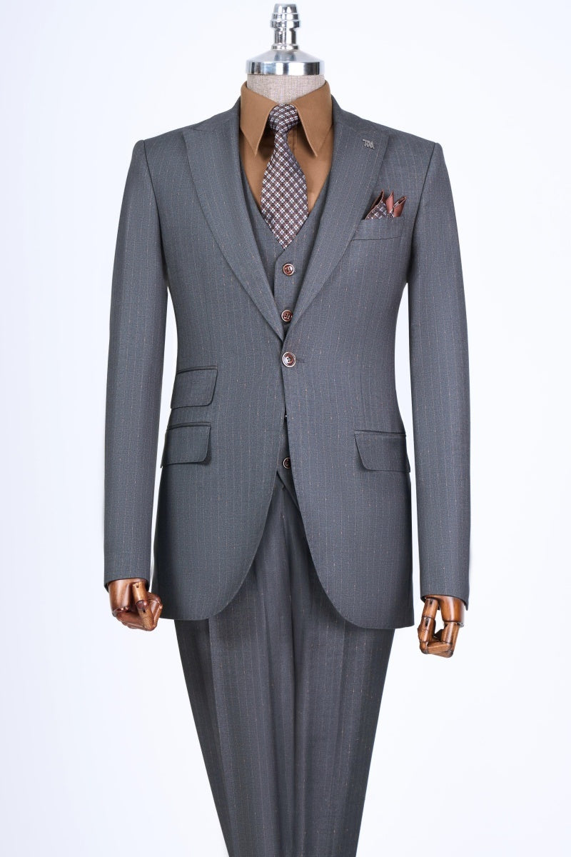Close Fitting Dark Gray Pinstriped 3 Pieces Business Suits