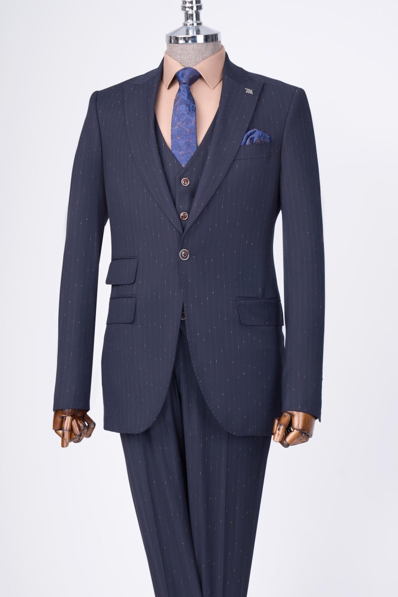 Fancy Navy Blue Pinstriped 3 Pieces Business Suits