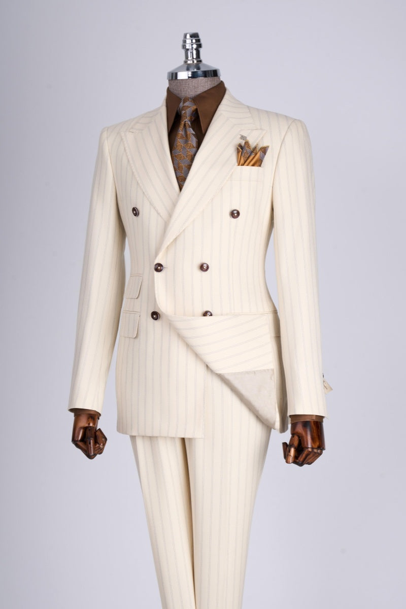 Modern Off-white Pinstriped Double Breasted Business Suits