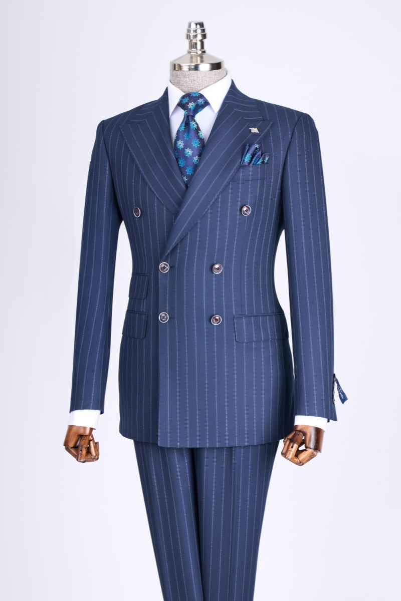Fashion Navy Blue Striped Double Breasted Business Suits
