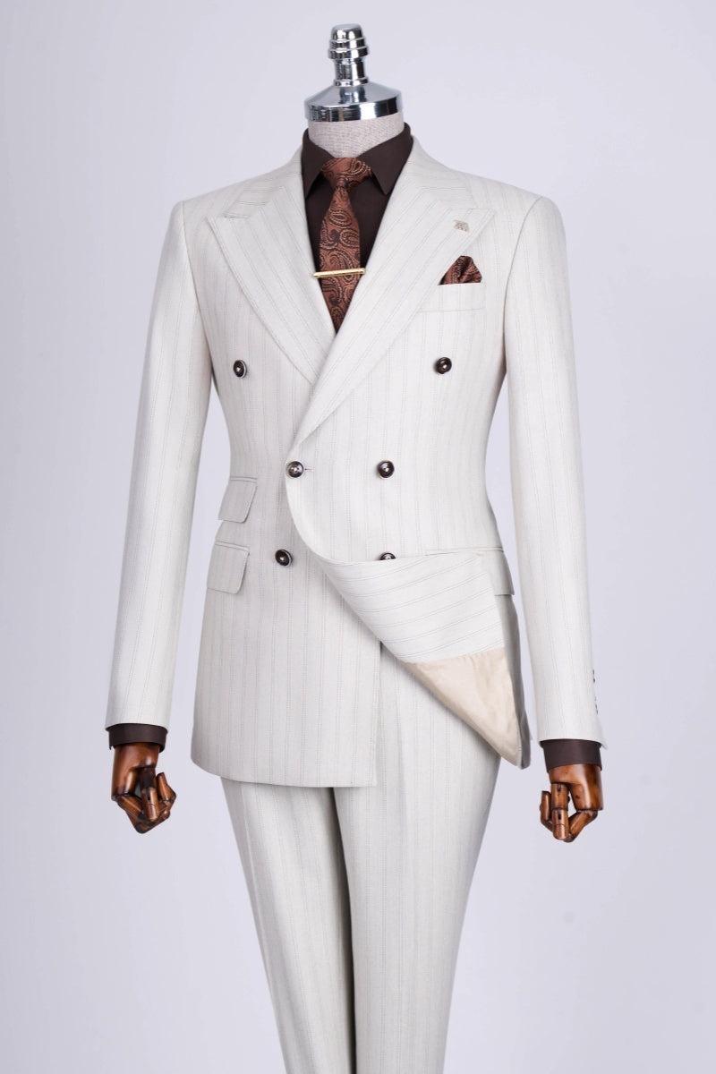 Chic White Striped Double Breasted Business Men Suits