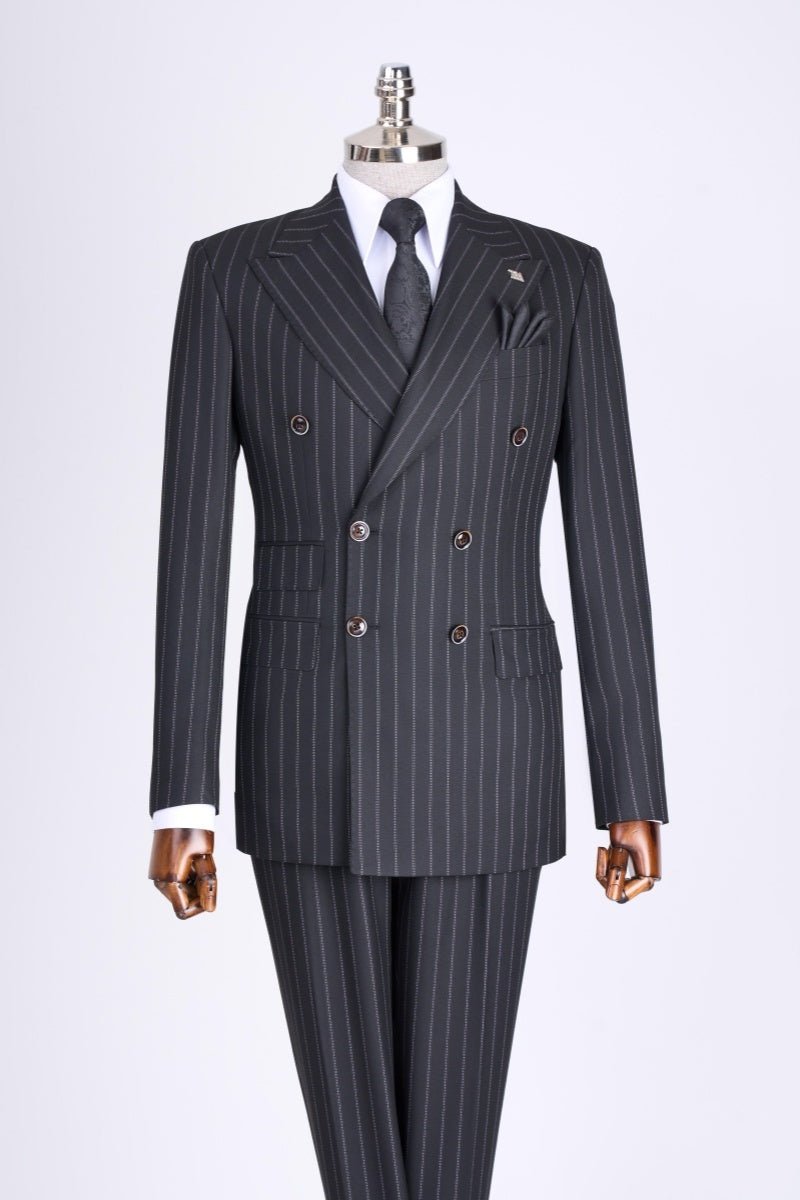 Formal Dark Gray Double Breasted Pinstriped Business Suits