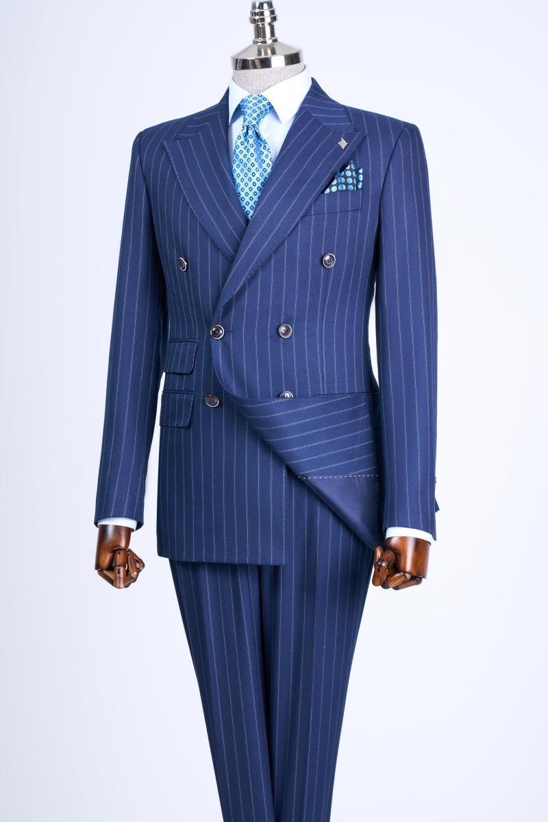 Bespoke Royal Blue Double Breasted Pinstriped Business Suits