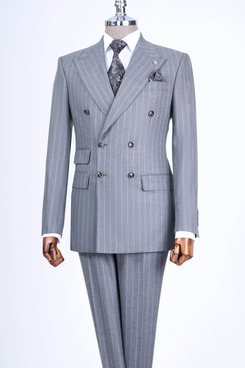 Fashion Light Gray Double Breasted Striped Business Suits