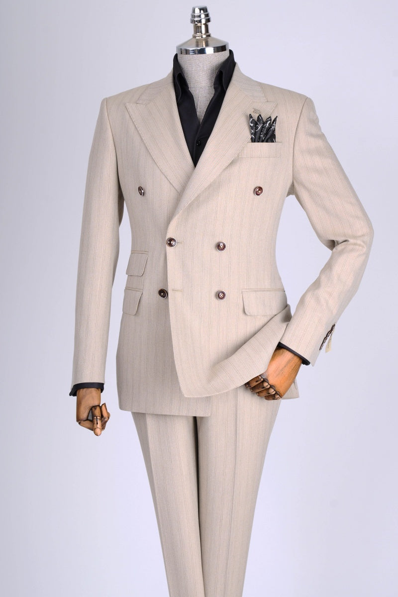 Chic Beige Double Breasted Striped Business Men Suits