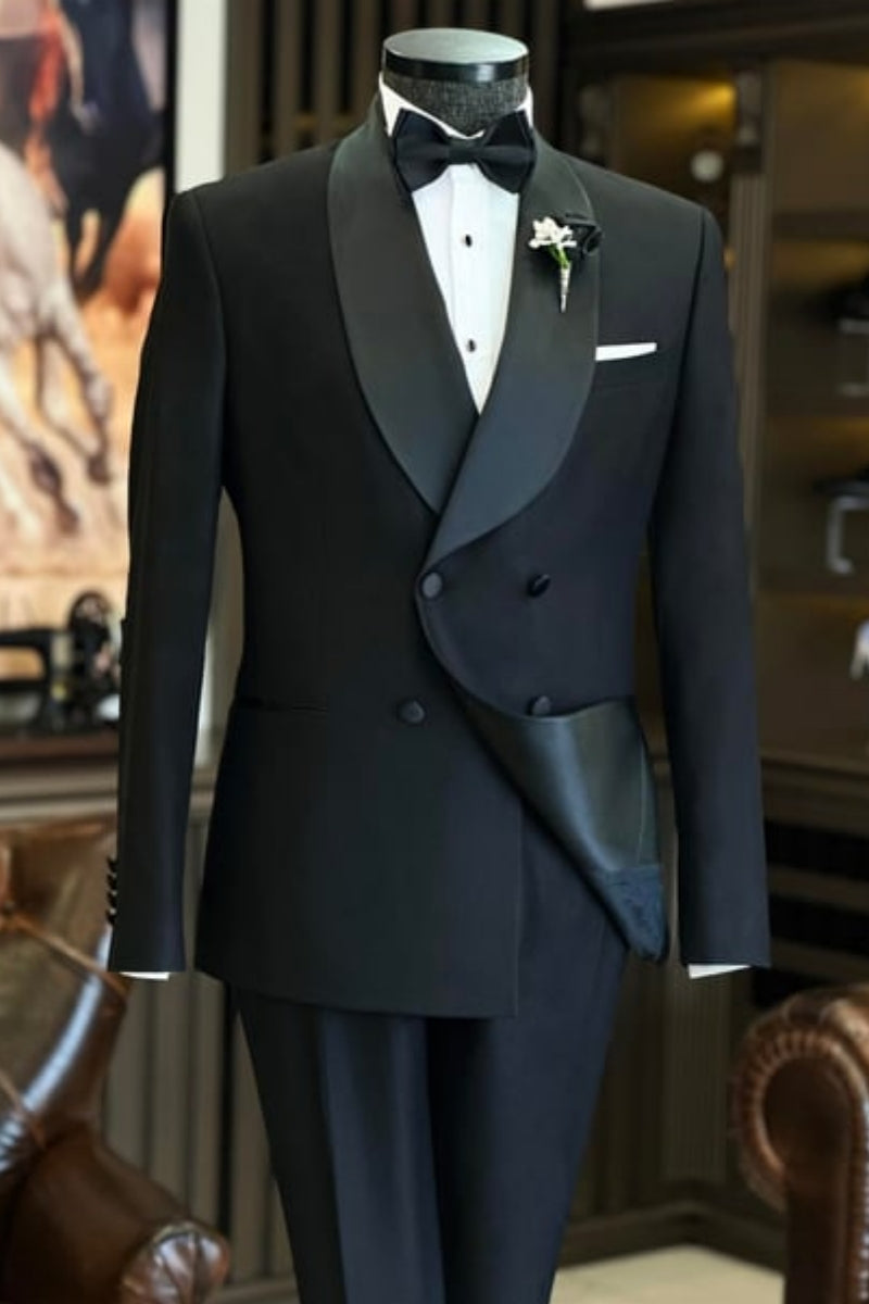 Black Newest Double Breasted Shawl Lapel Wedding Suits