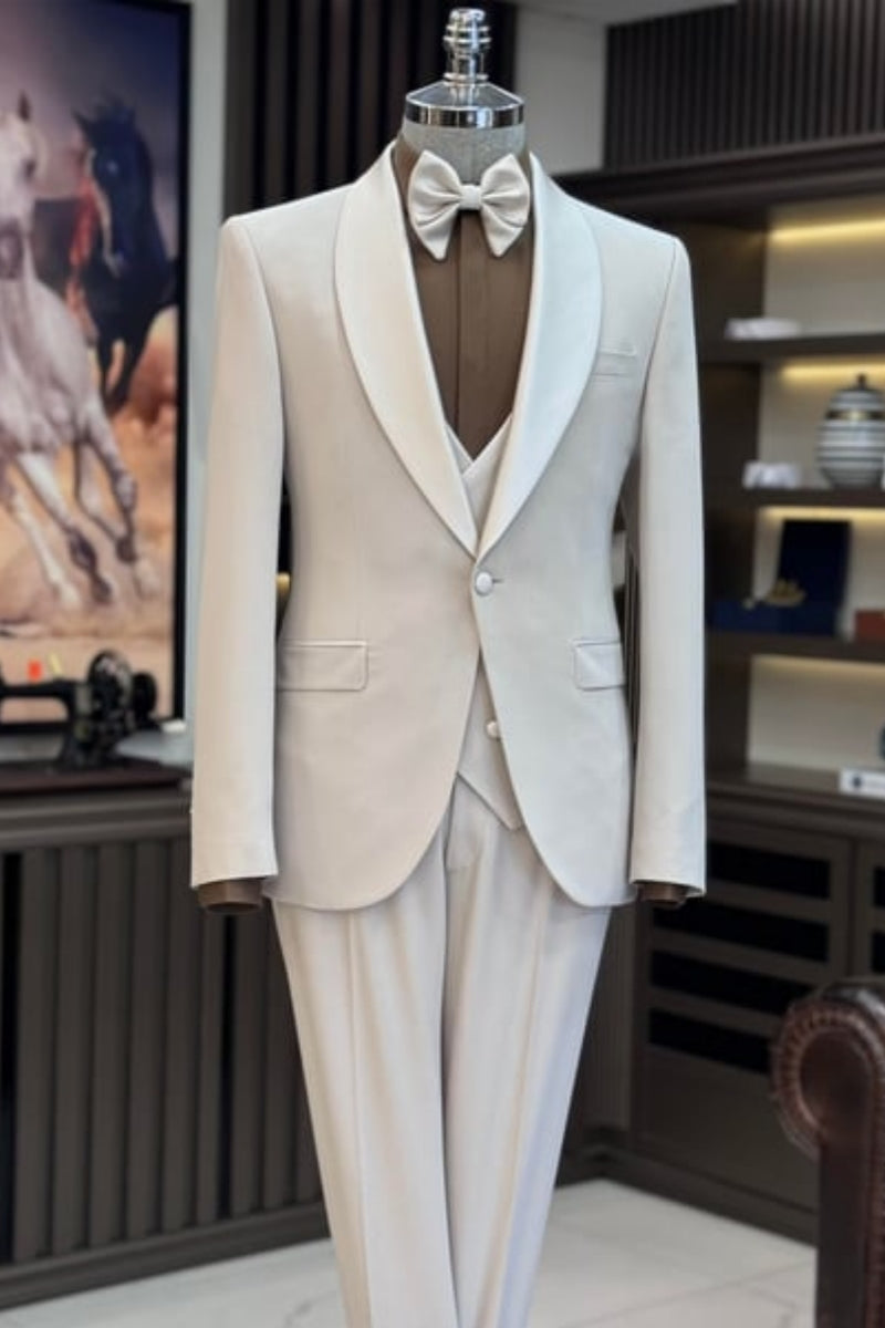 Handsome Beige Shawl Lapel 3 Piece Wedding Suits