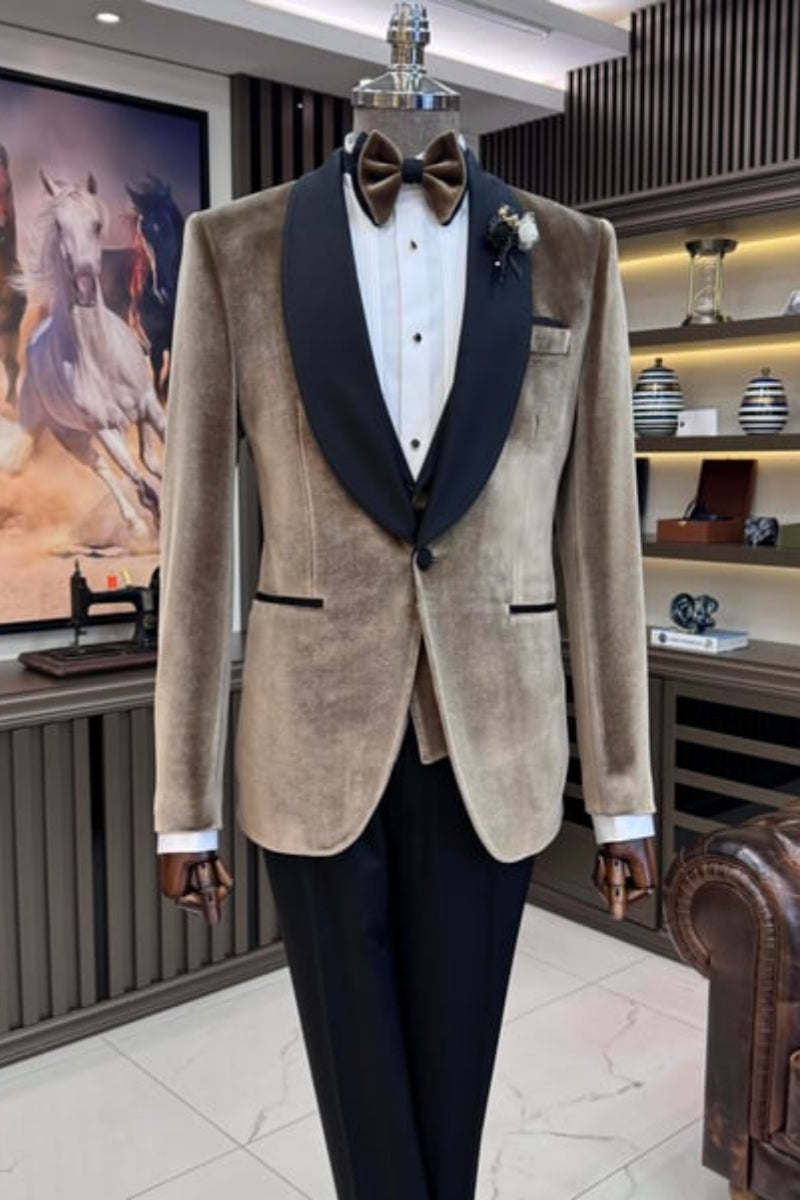 Handsome Brown Velvet Shawl Lapel Wedding Suits