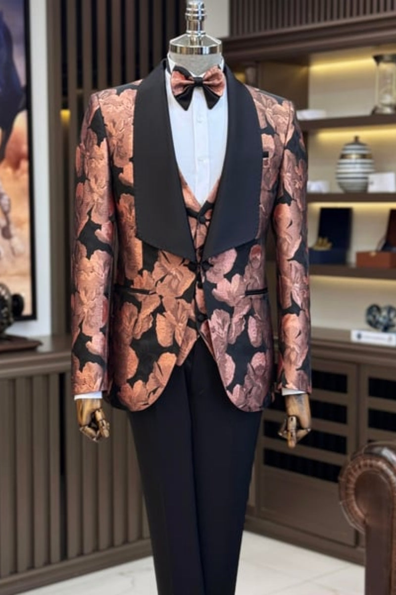 Classical Black Jacquard 3 Pieces Shawl Lapel Wedding Suits
