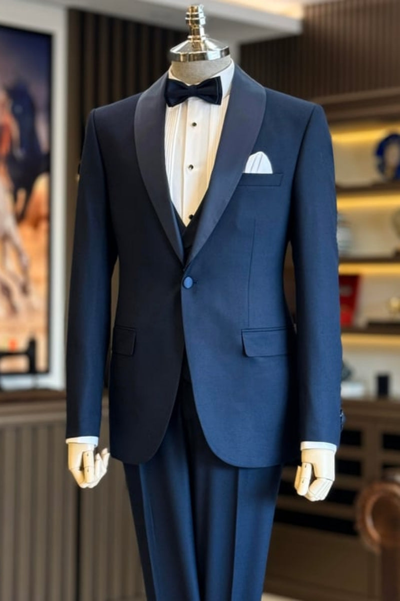 Trendy Dark Navy 3 Pieces Shawl Lapel Wedding Suits
