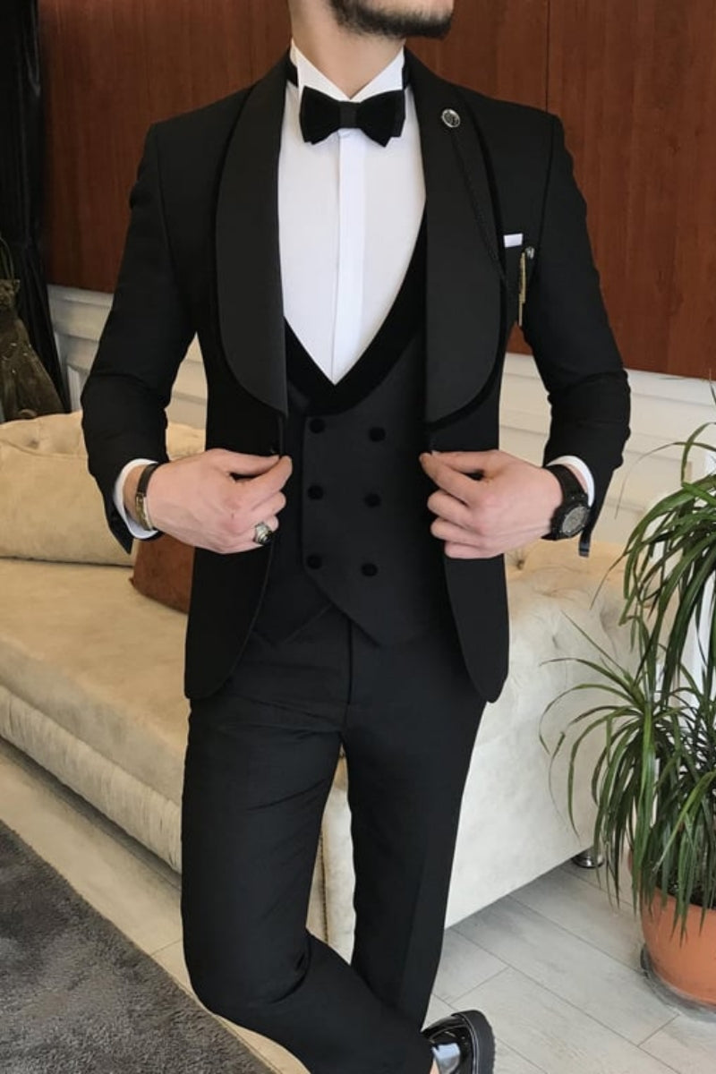 Gentle 3 Pieces Black Shawl Lapel Wedding Suits