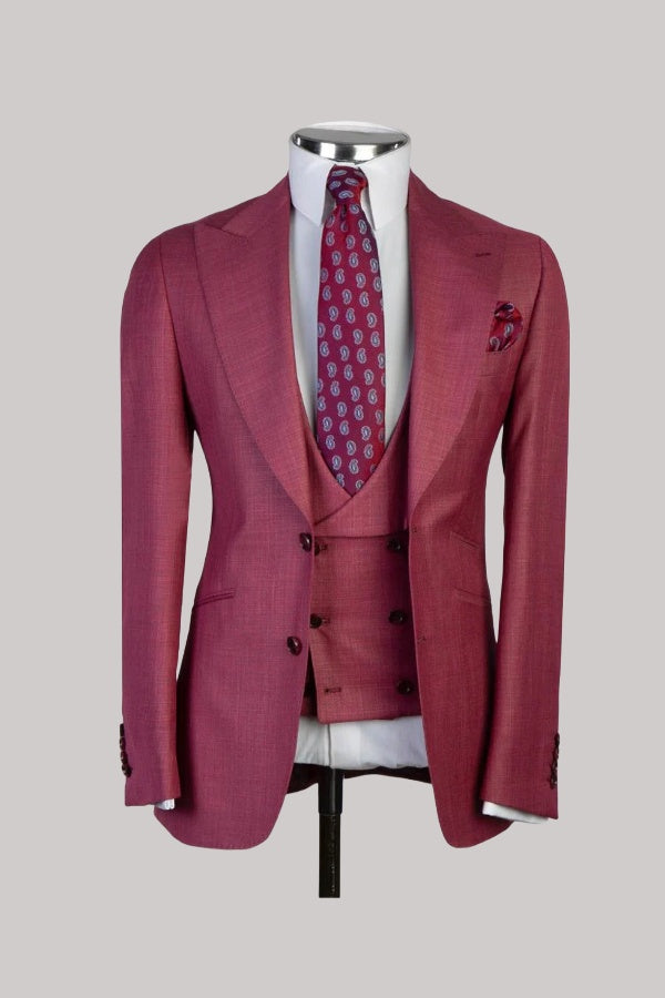 Glamorous Magenta 3 Pieces Peaked Lapel Prom Suits