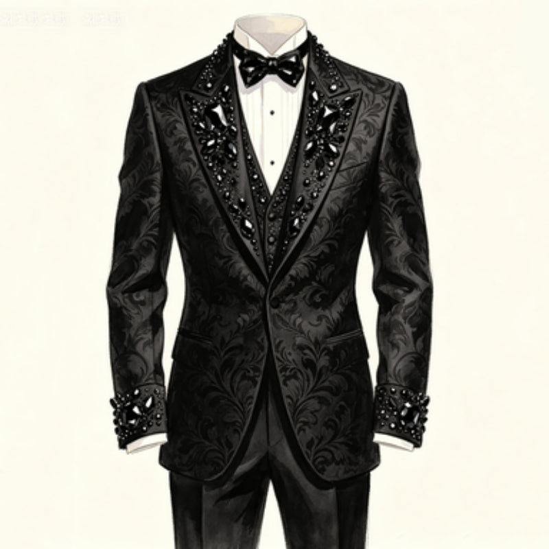 New Arrival: Exquisite Black Jacquard Embellished Prom Suits for Sophisticated Gentlemen